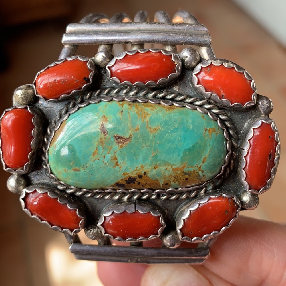 Incredible vintage, pawn turquoise and coral sterling cuff.